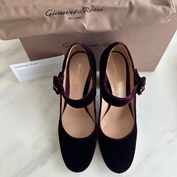 Gianvito Rossi Burgundy Velvet Mary Jane Pumps Heels - Picture 2 of 9